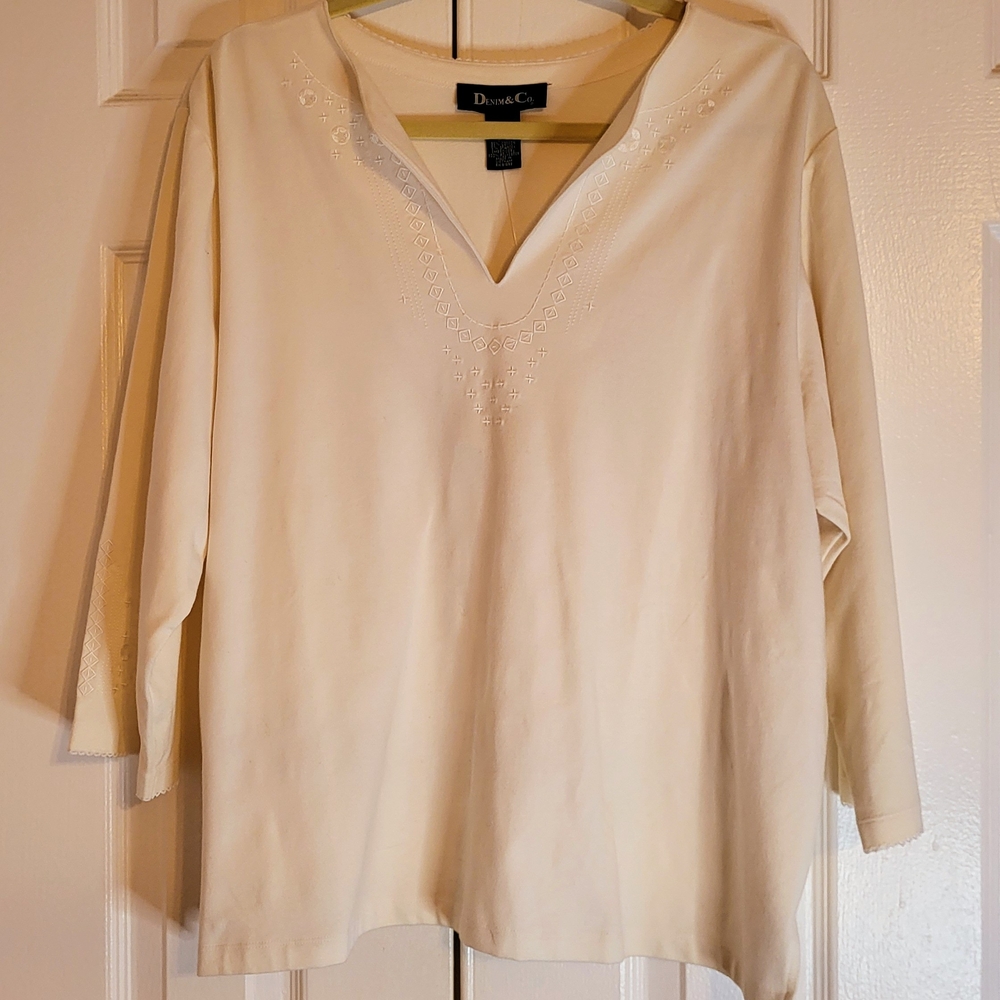Denim&Co Cream Blouse with Embroidered Detail